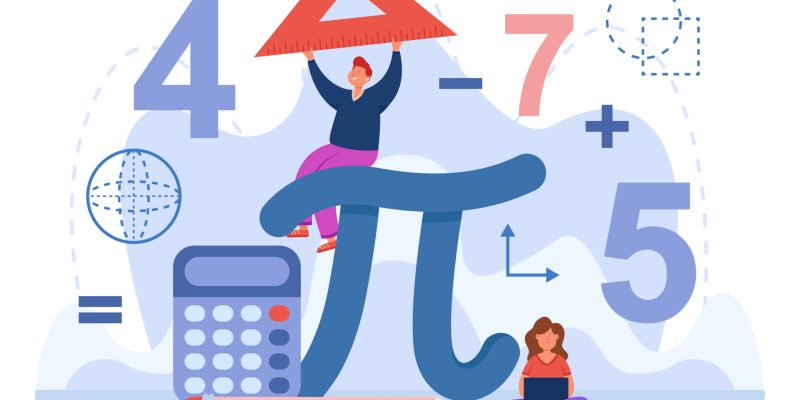 Tiny students with huge sign pi flat vector illustration. Boy and girl studying math and algebra at school or college, holding ruler, using laptop. Geometric figures in background. Education concept